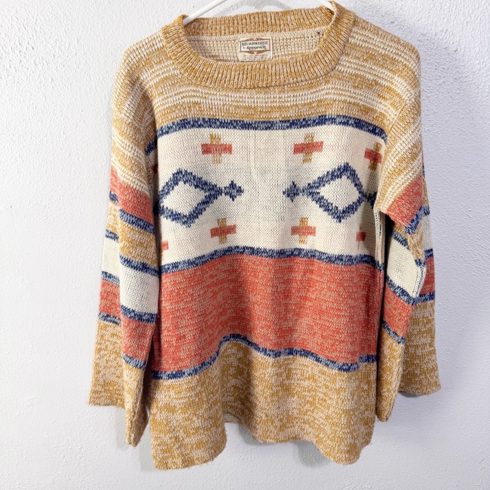 Vintage Sturbridge  Women's Southwestern Knit Sweater - Mustard, Coral, Navy